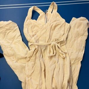 Anthropologie Light Cream Textured Jumpsuit with Tie Waist